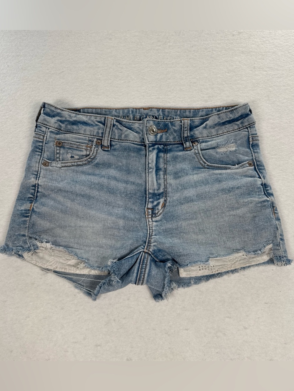 American Eagle Hi Rise Shortie Jean Shorts Women 4 Light Wash Distressed Denim